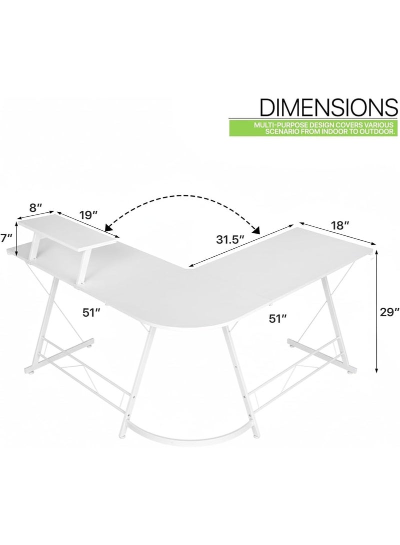 أنفانكي Anvanke L-Shaped Gaming Desk 51"+51"، مكتب كمبيوتر زاوية مع موقف شاشة، محطة عمل مكتب منزلي توفر مساحة، طاولة لعبة سهلة التجميع  أبيض - Image 2